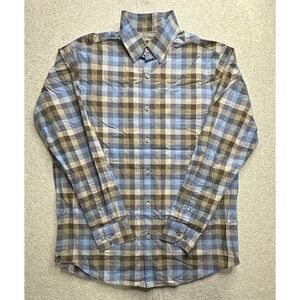 Hart Schaffner Marx‎ Shirt Mens Medium Blue Brown Plaid Button Up Cotton Casual
